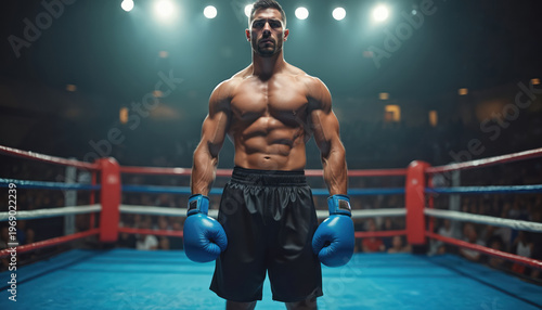Muscular man boxer in blue gloves stands in ring. Athlete shows readiness before fight. Crowd watches bout from stands. Intense match preparation begins. Fierce fighter awaits opponent.