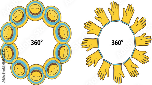 Vector illustration set featuring straw sun hats and protective work gloves arranged in a circular 360 degree panoramic view concept for summer and safety.