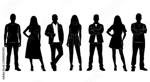 Seven people stand in a row, showcasing diverse poses and outfits.