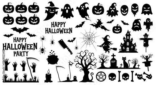 A spooky Halloween party scene with various creepy silhouettes and icons celebrating the holiday.