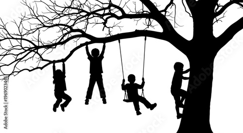 Children playing on swings under a leafless tree in a park