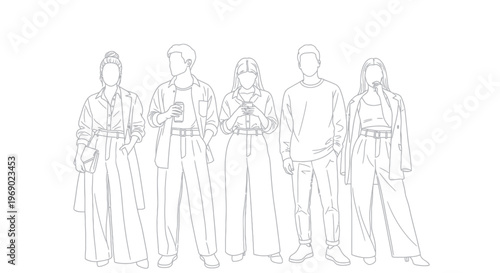 A group of people in various casual outfits stand together outdoors