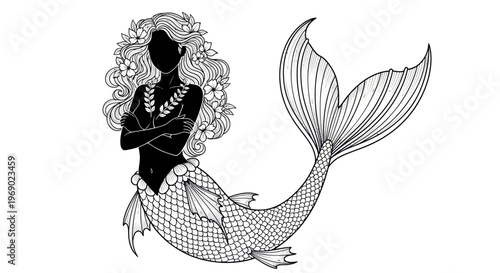 A mermaid with curly hair and a necklace sits calmly underwater.