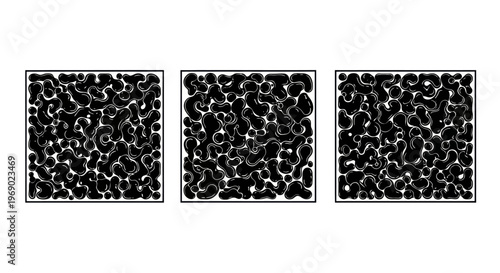 Three black and white patterned squares are shown side by side on a white background