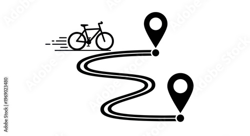 A bicycle rides along a winding road between two location markers.