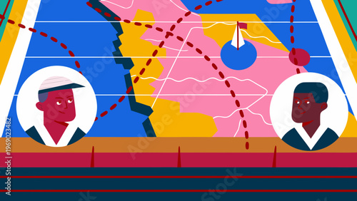 Illustration depicting two men discussing oil tanker routes on a colorful map, with marked paths and locations relevant to maritime navigation and sanctions