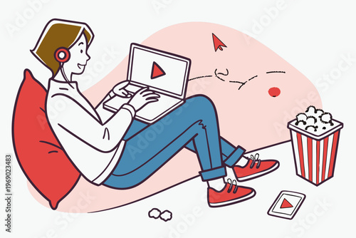 Illustration of a young woman with headphones using a laptop while sitting on a cushion, popcorn bucket and a remote control nearby, enjoying a movie at home