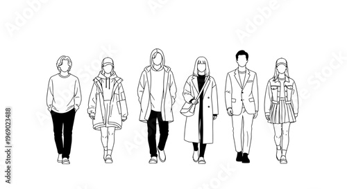 Illustration of six diverse people standing in a row wearing coats and jackets.