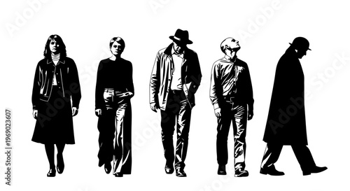Illustration of five people standing and walking in line wearing different outfits.