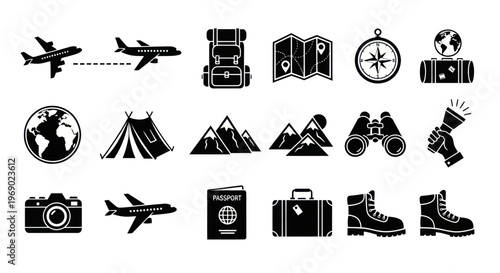 Travel icons depicting airplane, luggage, and outdoor gear for adventure seekers exploring mountains and globe
