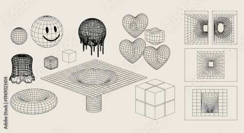 Various 3D wireframe shapes and objects are arranged on a surface.