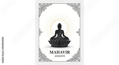 An elegant Mahavir Jayanti poster design featuring a silhouette of Lord Mahavir meditating on a lotus, framed by ornate floral decorations on a white background, creating a spiritual