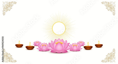A Jain festival flyer design features pink lotus flowers and lit diyas against a clean white background, conveying a spiritual and celebratory mood with decorative golden floral elements