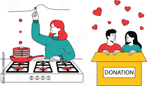 Flat vector illustration of a woman cooking pancakes on a stove and a young couple standing behind a charity donation box with hearts.