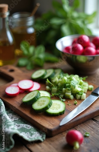 Chopped cucumber and sliced radishes on cutting board. Fresh salad preparation with herbs and olive oil. Healthy eating and organic vegetarian ingredients for meal.