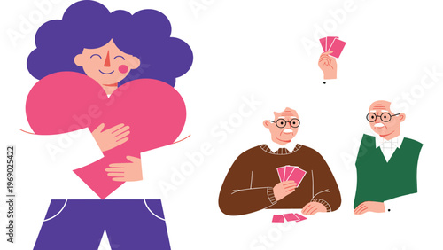 Flat style vector illustration of a happy young woman hugging a large pink heart alongside senior men playing cards and enjoying retirement leisure.