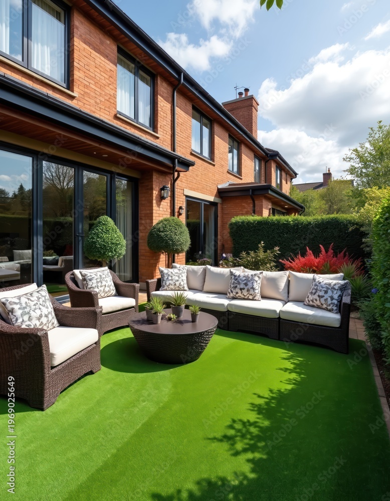 Obraz premium Modern outdoor living space with wicker furniture and artificial turf lawn. Comfortable seating arranged around a coffee table on a bright sunny day, creating a relaxing garden.