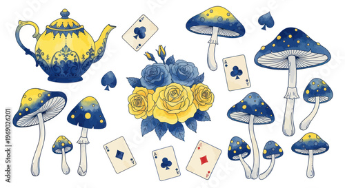 Whimsical Alice in Wonderland tea party elements: teapot, mushrooms, roses, playing cards