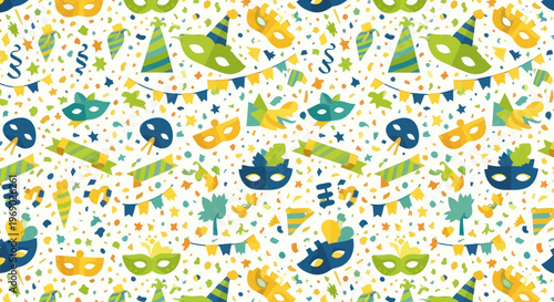 Carnival pattern with masks, party hats, and confetti on white background