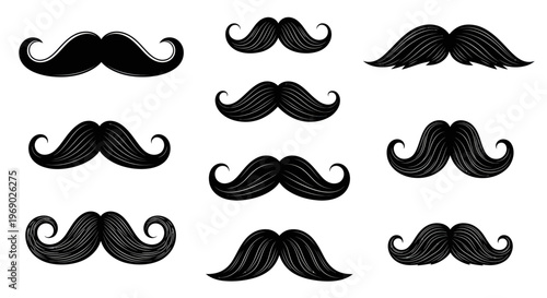 Collection of Black Moustaches, Vintage Styles, Groomed Facial Hair Icons