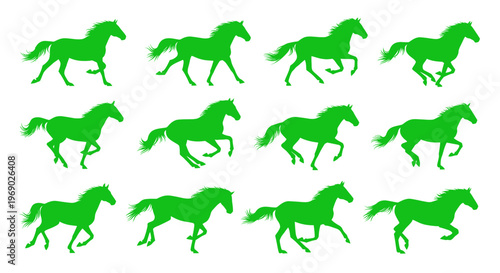 Green Horse Silhouettes in Motion - Running and Galloping Animal Sequence