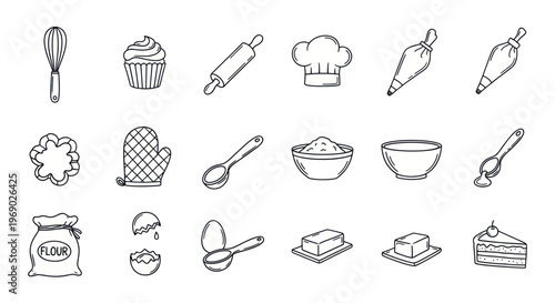 Hand-Drawn Baking Icons: Whisk, Cupcake, Rolling Pin, Chef Hat, Piping Bags, Utensils