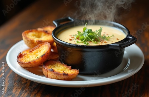Hot creamy onion soup served in black bowl with toasted bread slices. Garnish with green herbs and spices. Food photography for culinary blogs.