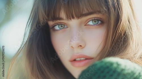 A close-up portrait of a young woman with striking green eyes.
