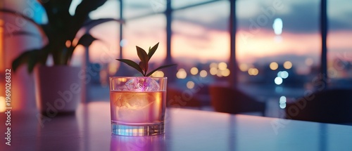 A cocktail glass on a table with a sunset view in the background.