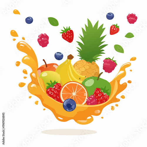 Vibrant illustration of sweet tropical fruits and fresh mixed berries bursting from a dynamic splash of golden juice, symbolizing healthy refreshment and natural energy