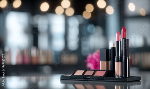 A collection of cosmetics arranged elegantly for beauty promotion.