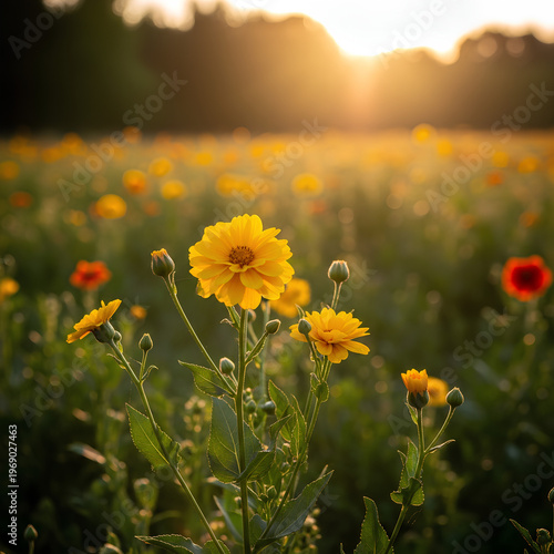 Yellow flowers in a field with the sun setting in the background.