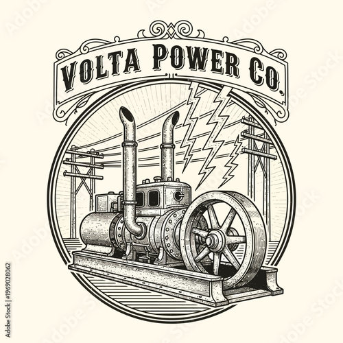 Volta Power Co. Emblem with Vintage Power Plant and Electrical Poles on Light Grunge Background