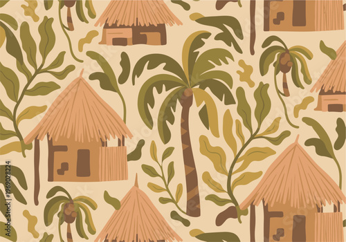 Seamless pattern with tropical leaves and palm trees and hut houses.