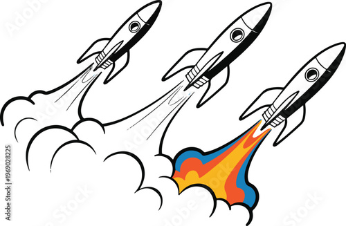 Three flying rockets with smoke trails and flame propulsion effect.