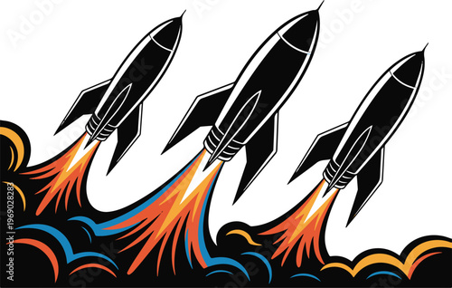 Three black rockets with colorful flame propulsion and smoke trails.