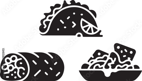 Taco burrito and nachos isolated on transparent background.