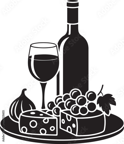 Wine bottle and glass with cheese grapes and figs on serving platter.