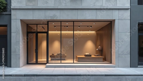 Modern storefront with large glass windows displays minimal retail items. Interior features warm wood paneling, soft ambient lighting. Exterior shows clean concrete facade. Space ready for branding.