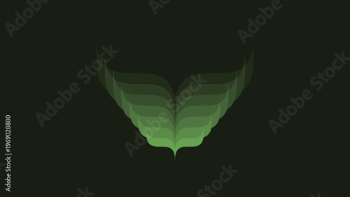 Vector illustration of a green leaf shaped like a flying butterfly wing on a black background for a nature-inspired heart symbol or tattoo design