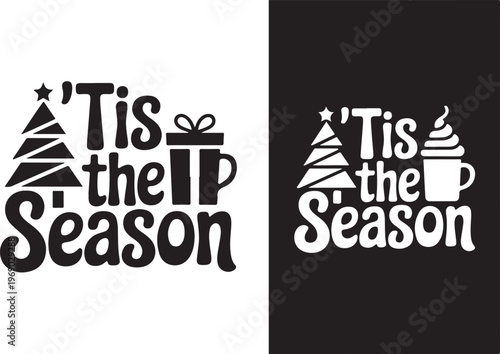 Christmas winter quote graphic with holiday tree gift and coffee mug.