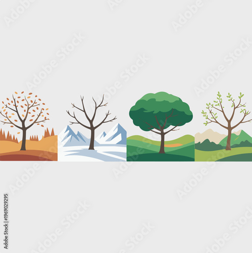 Four seasonal landscape trees showing spring summer autumn and winter.