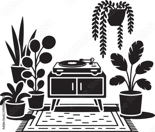 Indoor plant decor with record player and rug creating cozy atmosphere.