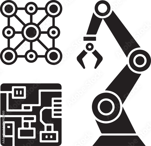 Robotics and technology icons featuring a robotic arm and network connection.