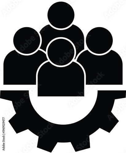 A group of people working together with a gear symbolizing teamwork and collaboration.