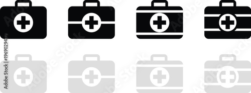 Medical first aid kit icons in black and gray