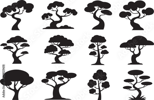 Collection of stylized bonsai trees in various shapes.