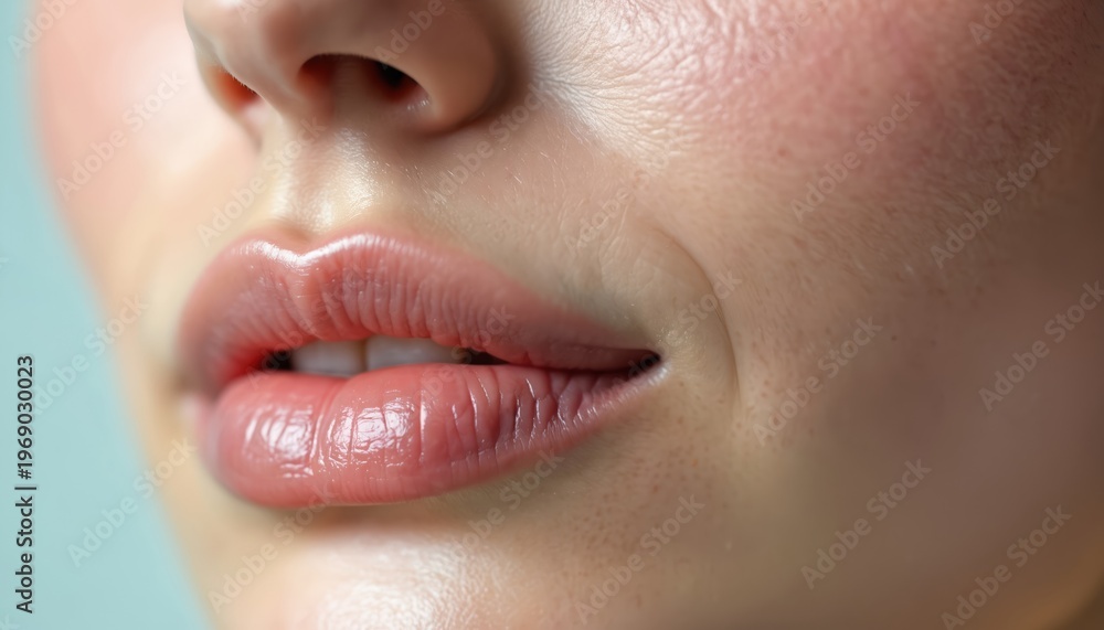 Fototapeta premium Close up of woman lips and nose. Focus on skin texture and subtle fine lines. Healthy smooth skin, part of face detail. Natural beauty shot, part of a person.