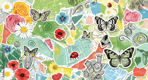 Collage of Butterflies, Ladybugs, and Poppies with Floral and Abstract Elements