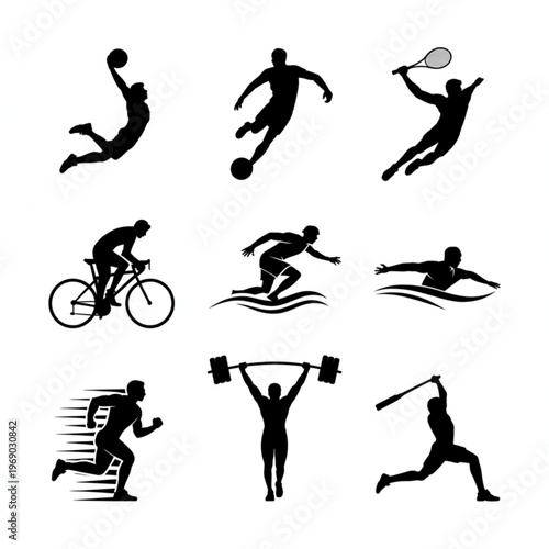 Collection of athletic silhouettes performing various sports on white background for fitness and exercise concepts